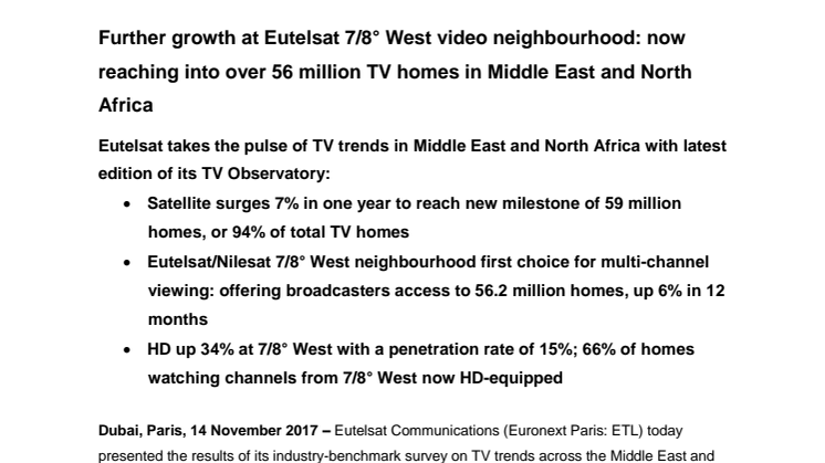 Further growth at Eutelsat 7/8° West video neighbourhood: now reaching into over 56 million TV homes in Middle East and North Africa