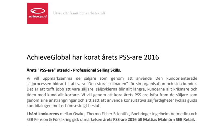 Årets "PSS-are" 2016 utsedd - En säljare i världsklass!