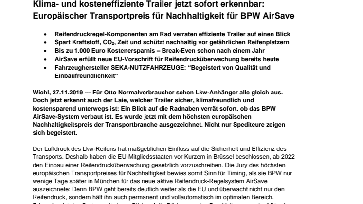 Klima- und kosteneffiziente Trailer jetzt sofort erkennbar: Europäischer Transportpreis für Nachhaltigkeit für BPW AirSave 