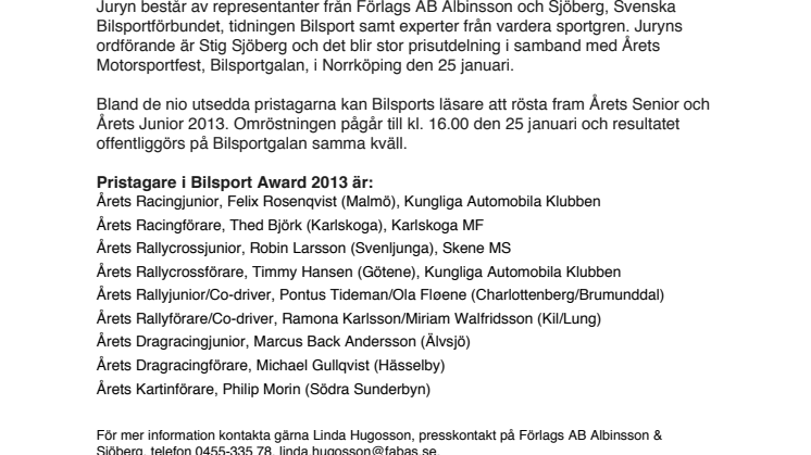 Pristagare i Bilsport Award 2013