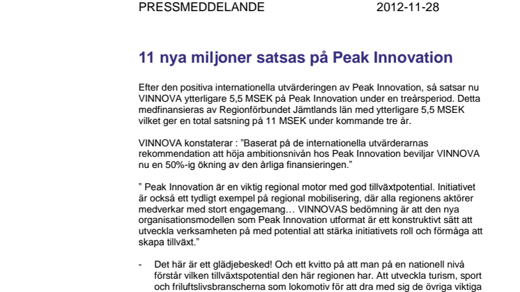 11 nya miljoner satsas på Peak Innovation