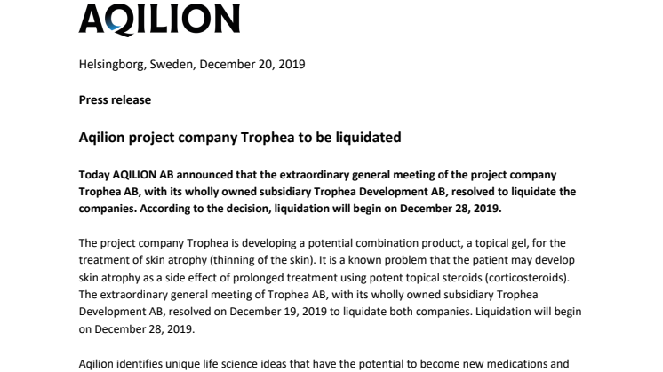 Aqilion project company Trophea to be liquidated