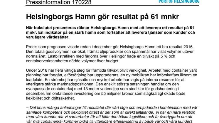 Helsingborgs Hamn gör resultat på 61 mnkr