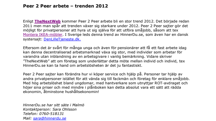 Peer 2 Peer arbete - växande trend 2012, även i Sverige?