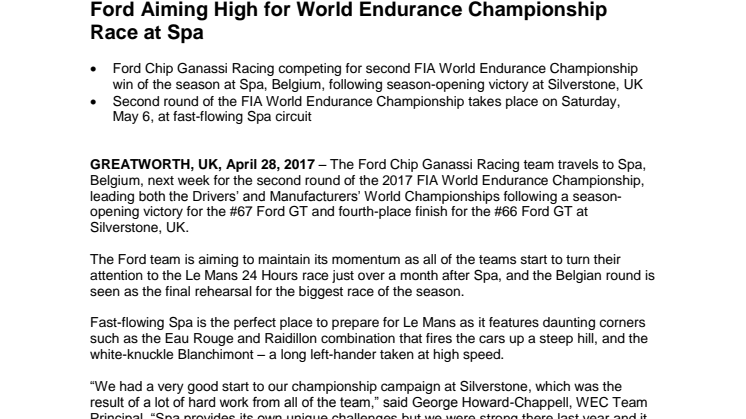MOTORSPORT: Ford sigter højt ved World Endurance Championship i Spa, Belgien