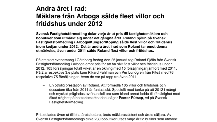 Andra året i rad: Mäklare från Arboga sålde flest villor och fritidshus under 2012