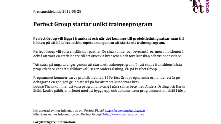 Perfect Group startar unikt traineeprogram