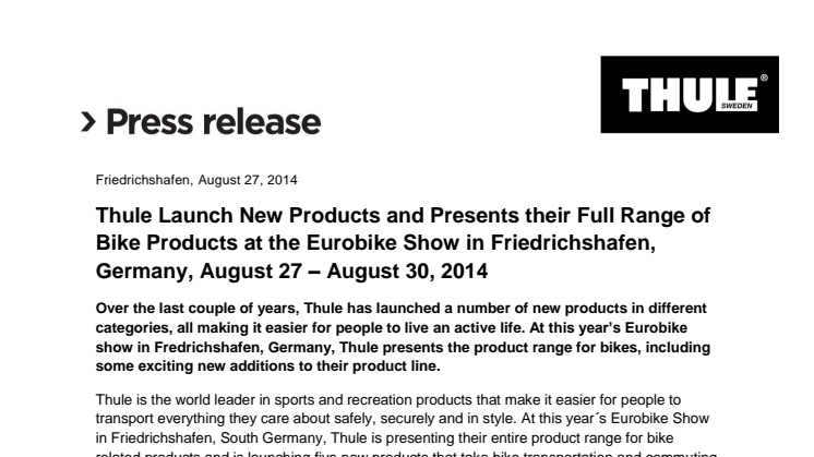 Thule Launch New Products and Presents their Full Range of Bike Products at the Eurobike Show in Friedrichshafen, Germany, August 27 – August 30, 2014