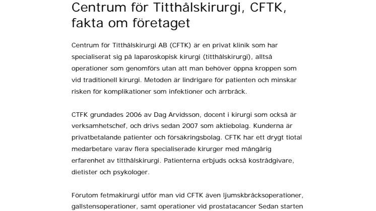 Centrum för Titthålskirurgi, CFTK, fakta om företaget