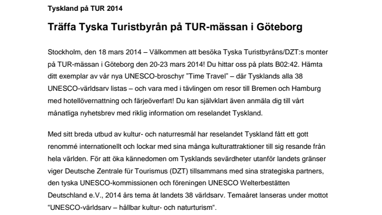 Träffa Tyska Turistbyrån på TUR-mässan i Göteborg