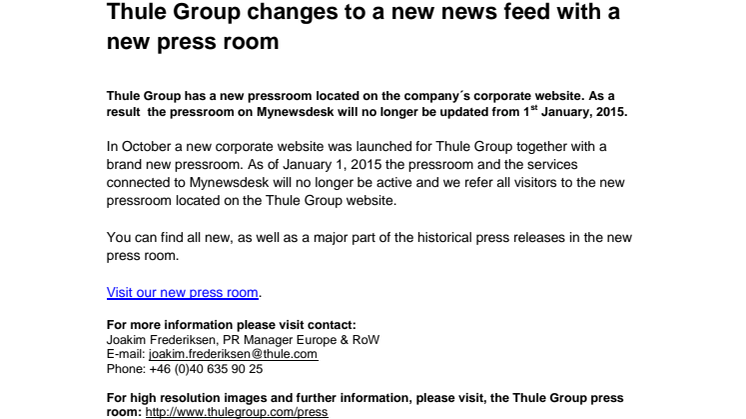 Thule Group changes to a new news feed with a new press room 