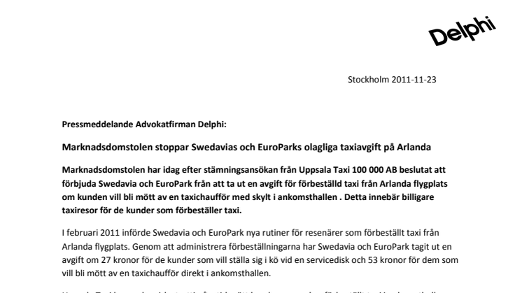 Marknadsdomstolen stoppar Swedavias och EuroParks olagliga taxiavgift på Arlanda
