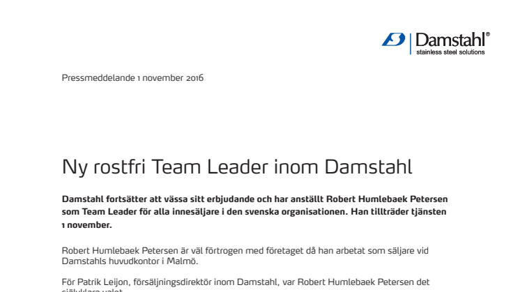 Ny rostfri Team Leader inom Damstahl