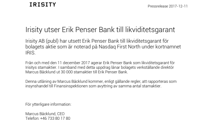 Irisity utser Erik Penser Bank till likviditetsgarant
