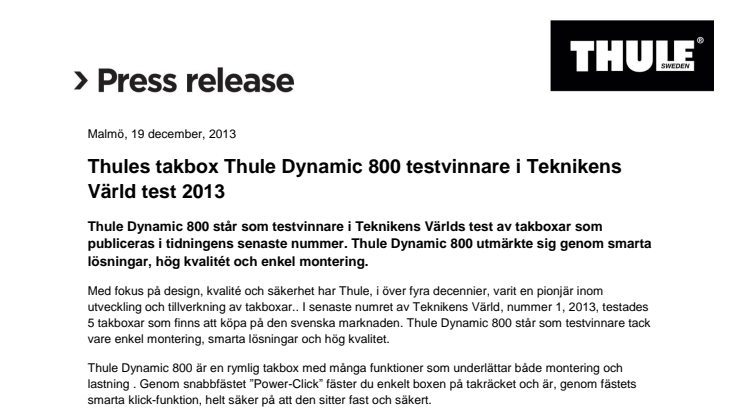 Thules takbox Thule Dynamic 800 testvinnare i Teknikens Värld test 2013