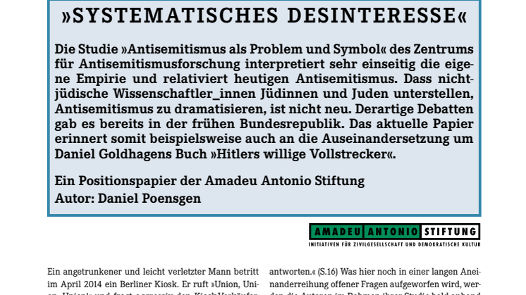 "Systematisches Desinteresse": Positionspapier zur Studie "Antisemitismus als Problem und Symbol" des Zentrums für Antisemitismusfroschung