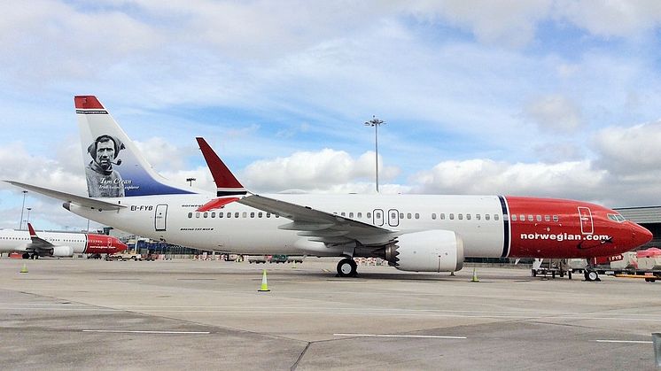 Norwegian's Tom Crean tail fin 737 MAX at Dublin Airport