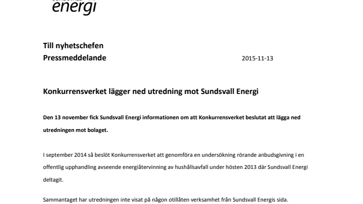 Konkurrensverket lägger ned utredning mot Sundsvall Energi