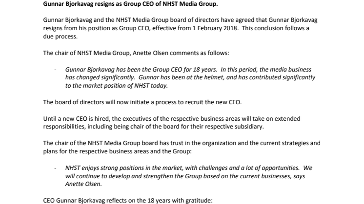 Gunnar Bjørkavåg resigns as Group CEO of NHST Media Group
