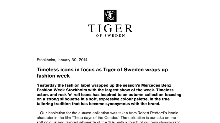 Timeless icons in focus as Tiger of Sweden wraps up fashion week