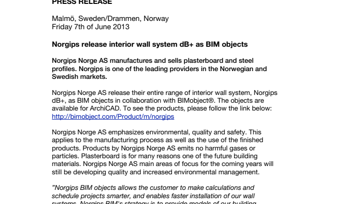 Norgips release interior wall system dB+ as BIM objects