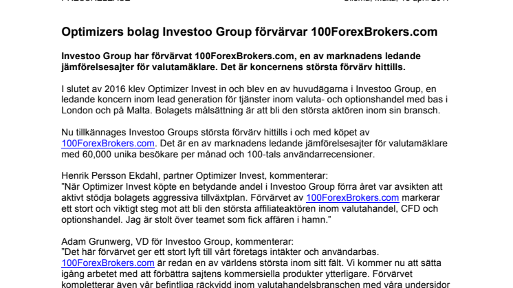 Optimizers bolag Investoo Group förvärvar 100ForexBrokers.com