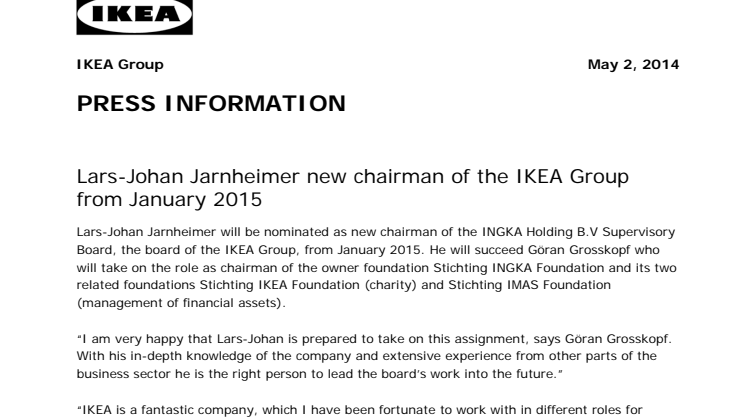 Press info in English - Lars-Johan Jarnheimer new chairman of the IKEA Group from January 2015