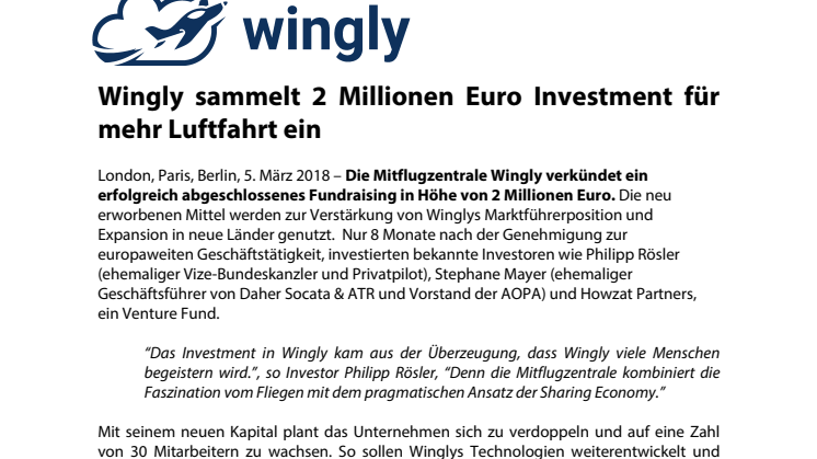 Wingly sammelt 2 Millionen Euro Investment für mehr Luftfahrt ein