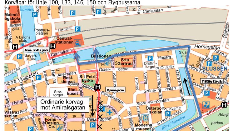 Körväg busslinje 100, 133, 146, 150 och Flygbussarna