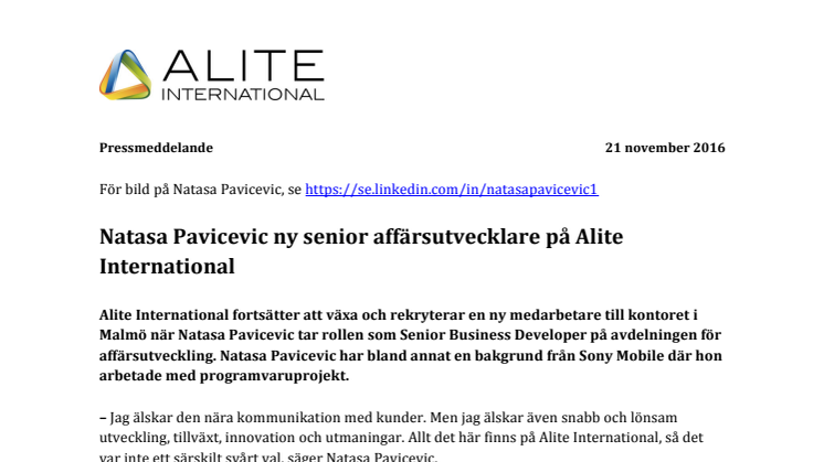 Natasa Pavicevic ny senior affärsutvecklare på Alite International 