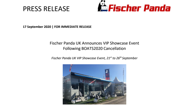 Fischer Panda UK Announces VIP Showcase Event Following BOATS2020 Cancellation