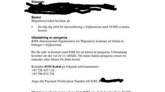 Enligt meddelandet ska en kontantsumma motsvarande 30 000 kr hämtas ut på OIM inom tre månader från beslutet.