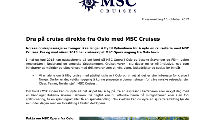 Dra på cruise direkte fra Oslo med MSC Cruises 