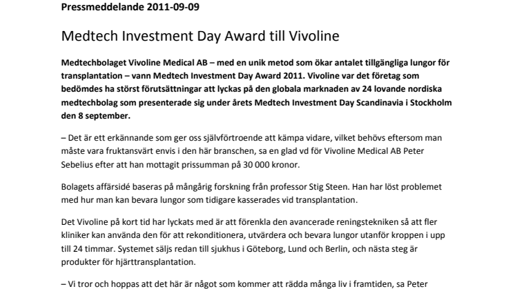 Medtech Investment Day Award till Vivoline
