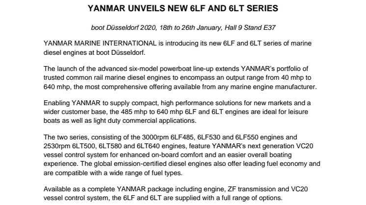 boot Düsseldorf: YANMAR Unveils New 6LF and 6LT Series 