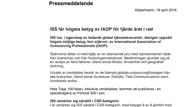 ISS får högsta betyg av IAOP för fjärde året i rad