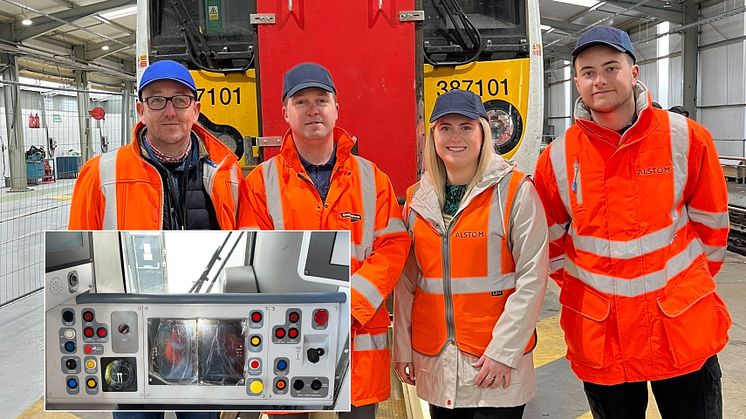 Main image GTR and Alstom engineers in front of 'first-in-class' Class 387