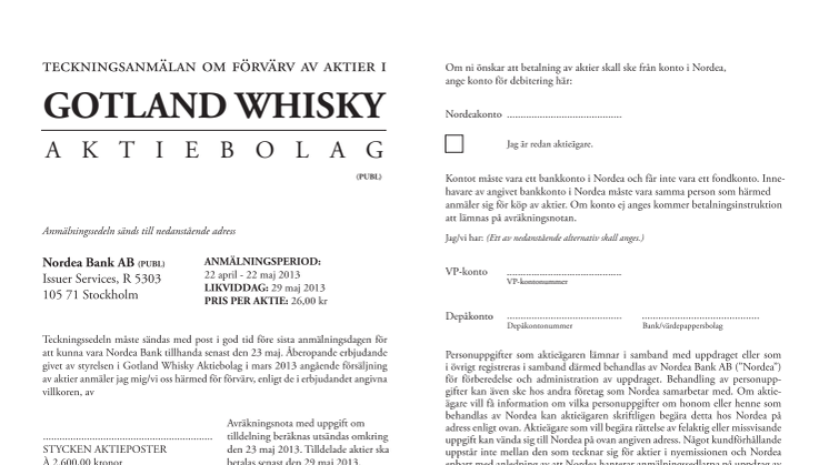 Teckningsanmälan nyemission Gotland Whisky 2013