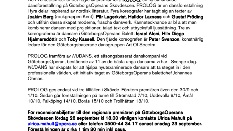 PROLOG - ny kaxig dansföreställning på GöteborgsOperans Skövdescen 