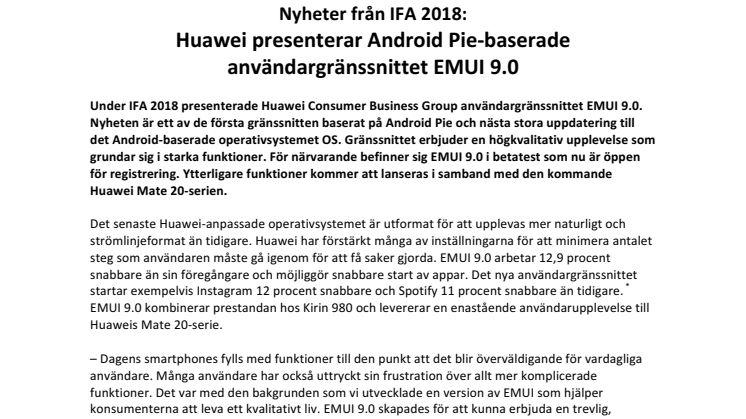 Nyheter från IFA 2018: Huawei presenterar Android Pie-baserade användargränssnittet EMUI 9.0