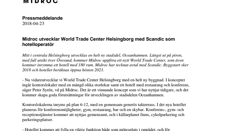 Midroc utvecklar World Trade Center Helsingborg med Scandic som hotelloperatör  