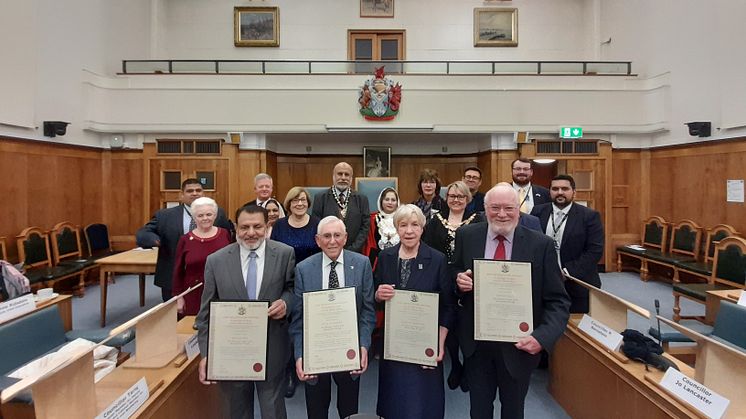 The four new Freemen of Bury: Akram Baig, Itzik Alterman, Dorothy Gunther and Trevor Holt.