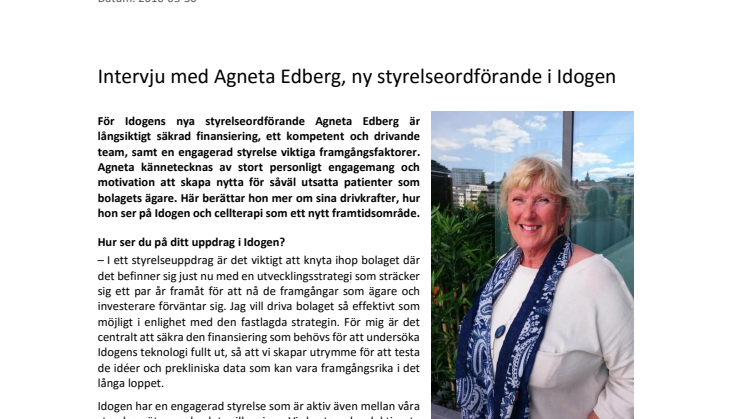 Intervju med Agneta Edberg, ny styrelseordförande i Idogen