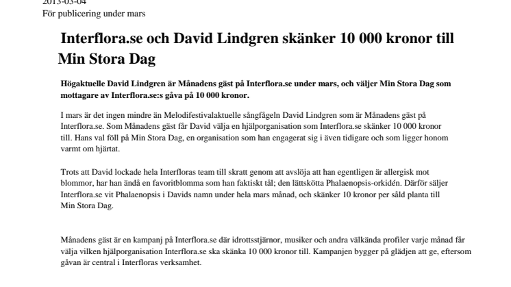 Interflora.se och David Lindgren skänker 10 000 kronor till Min Stora Dag
