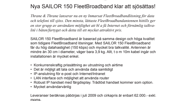 Nya SAILOR 150 FleetBroadband klar att sjösättas!
