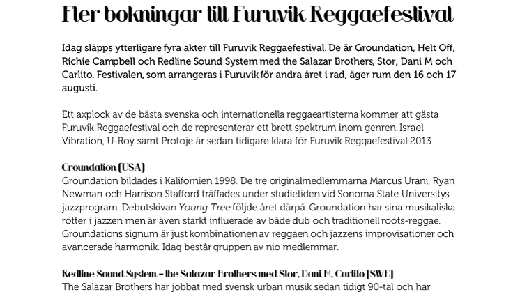 Fler bokningar till Furuvik Reggaefestival