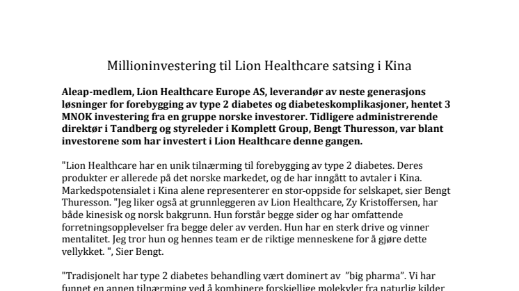 ​Millioninvestering til Lion Healthcare satsing i Kina