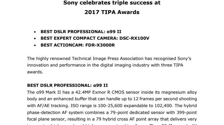 Sony juhlii kolminkertaista TIPA 2017 -voittoa