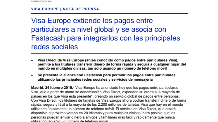 Visa Europe extiende los pagos entre particulares a nivel global y se asocia con Fastacash para integrarlos con las principales redes sociales