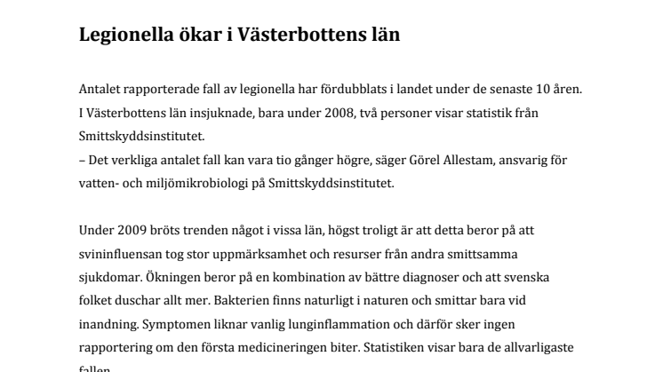 Legionella ökar i Västerbottens län